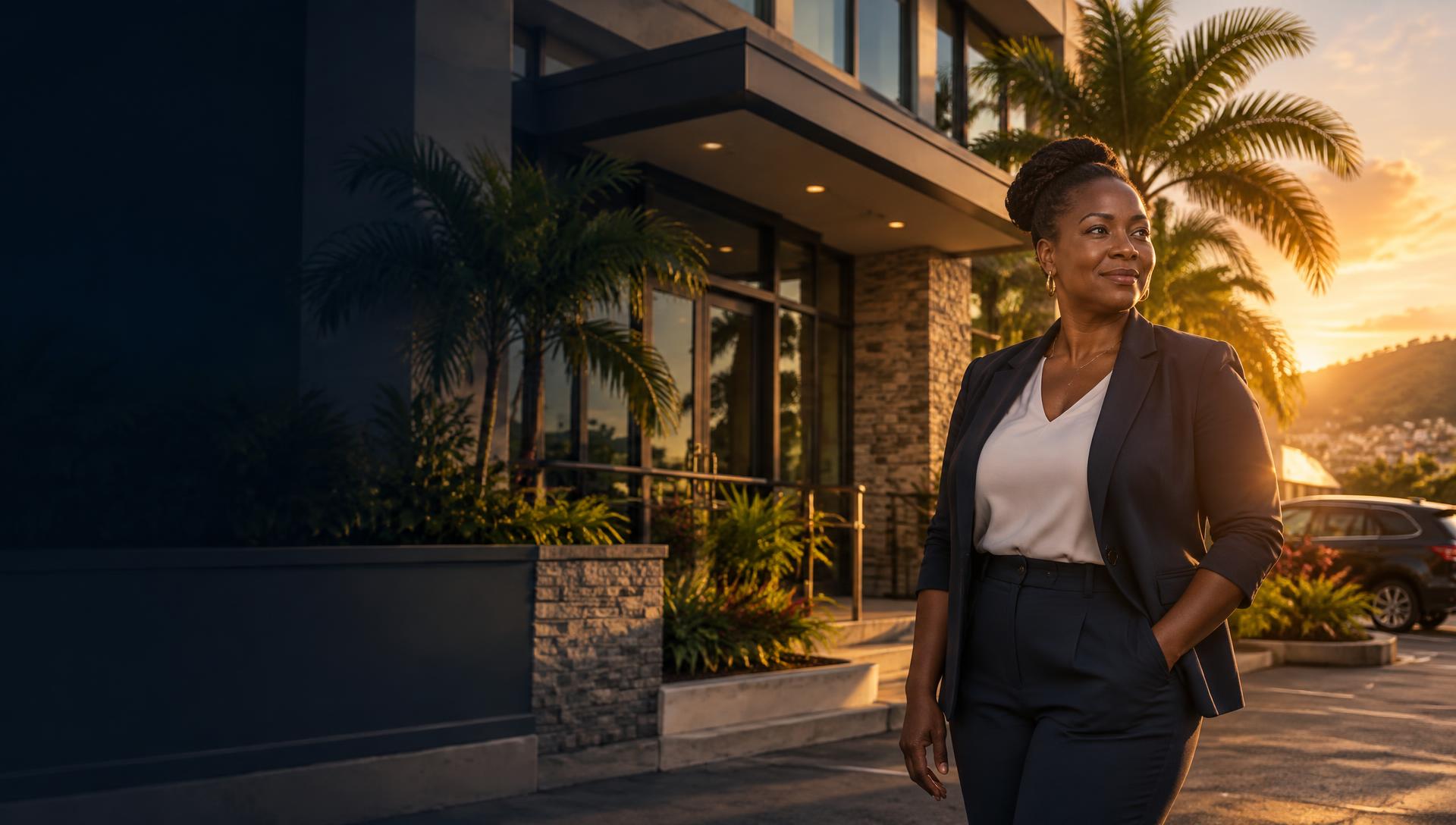 A businesswoman outside a modern Caribbean property